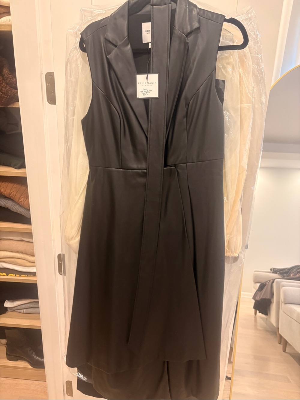 Ellie Makir Black Faux-Leather Sleeveless Wrap Belted Midi Dress, new with tags